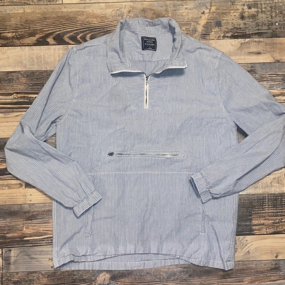 Abercrombie & Fitch Light Blue Striped quarter zip pullover with zipper pocket